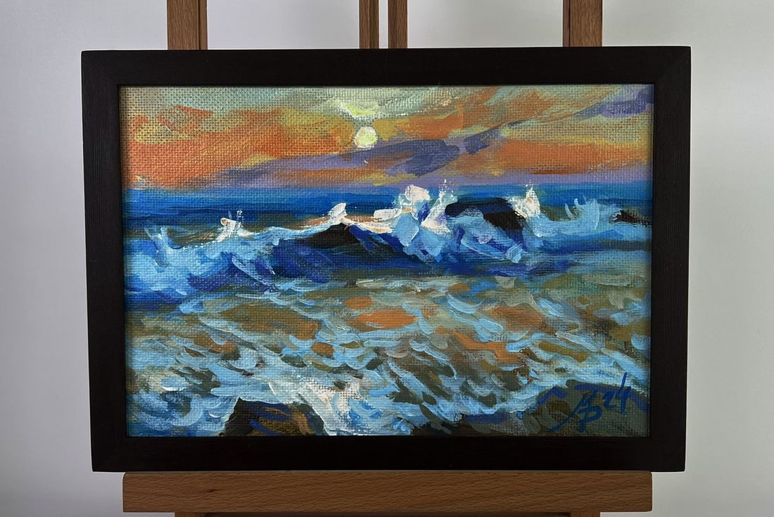 Acrylic painting Harmony of the movement of waves Mykhailo Patskan: No. AAA4832The acrylic painting on cardboard titled "Harmony of the Movement of Waves" captures the mesmerizing rhythm of the ocean as it dances beneath the setting sun. The interplay of light and wat