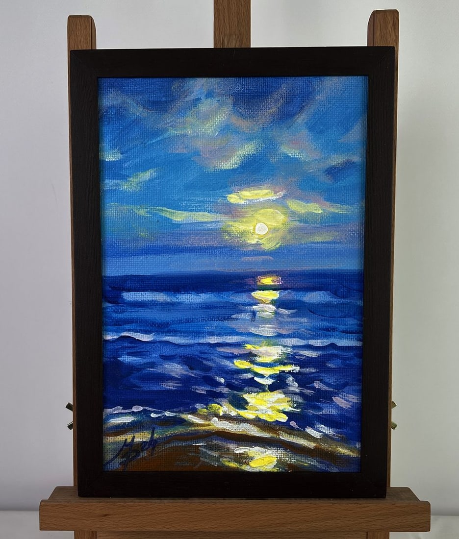 Acrylic painting Reflection of the sun in the sea Mykhailo Patskan: No. AAA4835The acrylic painting on cardboard titled "Reflection of the Sun in the Sea" beautifully captures the serene and almost meditative moment of the sun casting its golden glow upon the