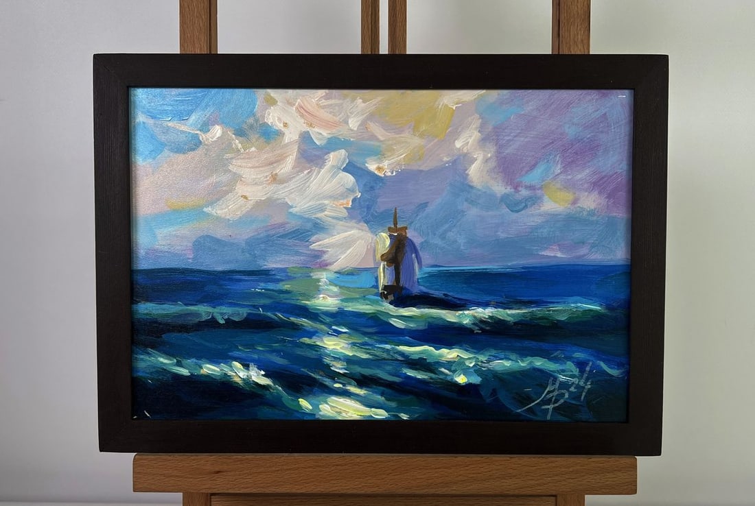 Acrylic painting Like an angel in the sea Mykhailo Patskan: No. AAA4836The acrylic painting on cardboard titled "Like an Angel in the Sea" presents a breathtaking maritime scene where nature’s elements intertwine with an ethereal presence. The artwork captur