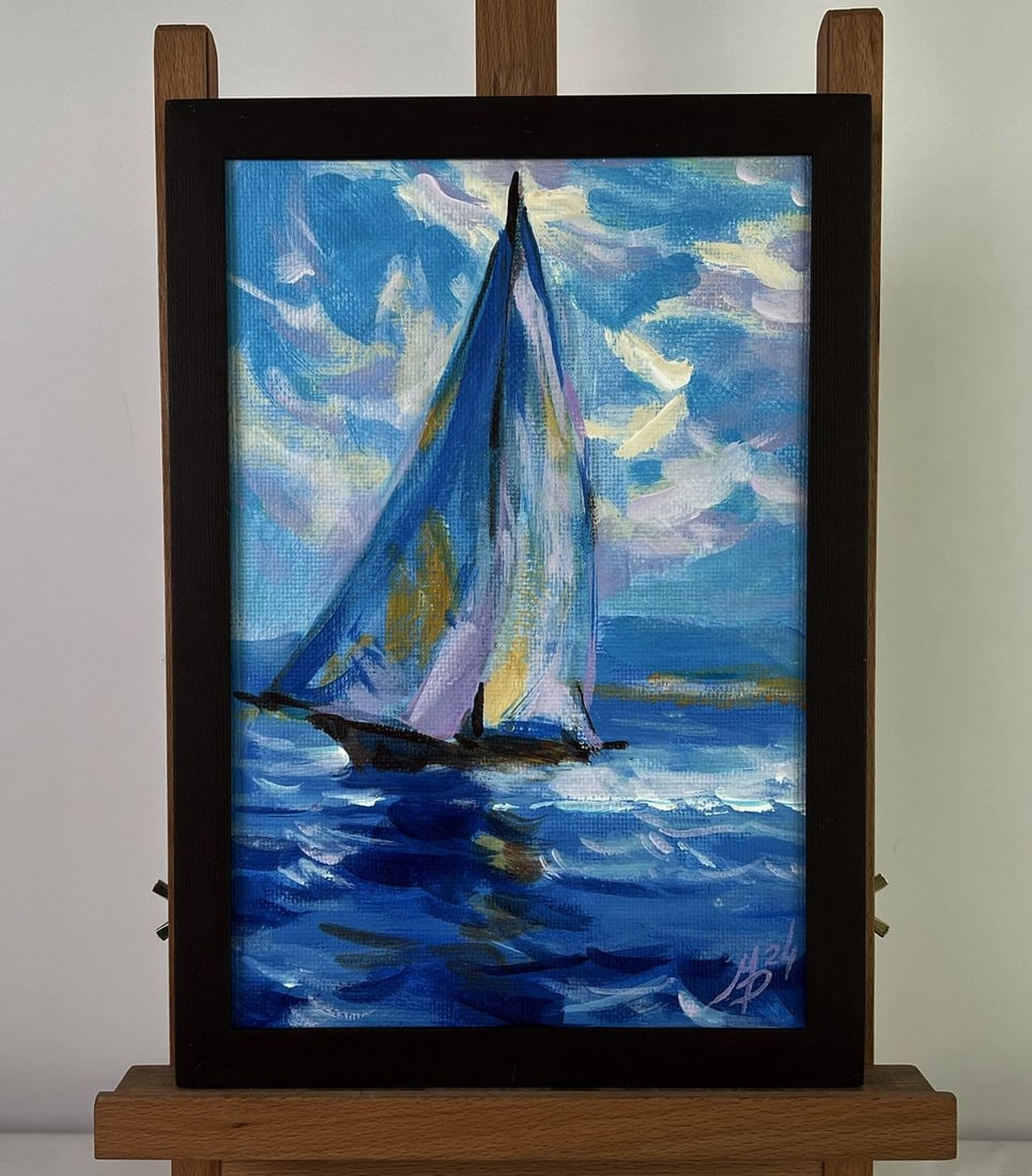 Acrylic painting Sailing Holidays Mykhailo Patskan: No. AAA4837The acrylic painting on cardboard titled "Sailing Holidays" captures the essence of freedom, adventure, and tranquility as a sailboat glides effortlessly across the shimmering waters. The