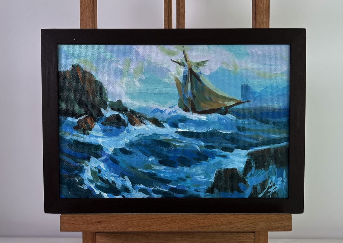 Acrylic painting Ship among the rocks Mykhailo Patskan: No. AAA4839The acrylic painting on cardboard titled "Ship Among the Rocks" captures a dramatic maritime scene, evoking a sense of adventure, danger, and resilience. The composition is dominated by