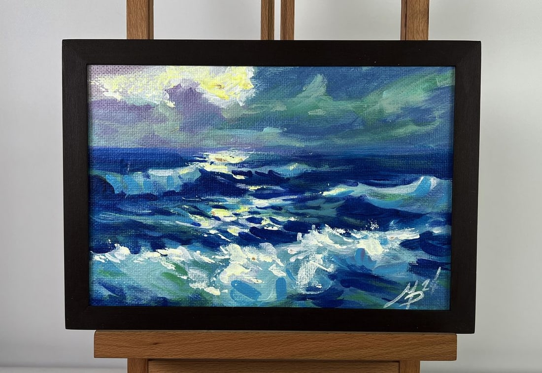 Acrylic painting The sound of sea waves Mykhailo Patskan: No. AAA4841The acrylic painting on cardboard titled "The Sound of Sea Waves" captures the rhythmic movement of the ocean, immersing the viewer in the dynamic interplay of light, color, and texture. Th