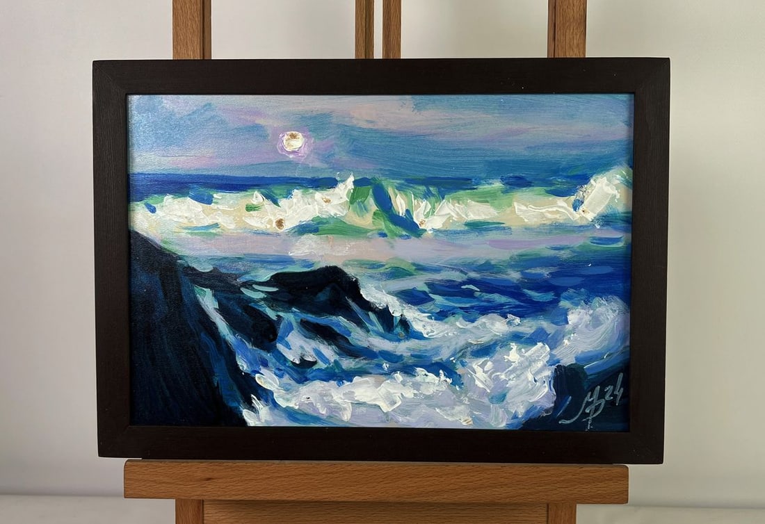 Acrylic painting Quiet waves under a pink sky Mykhailo Patskan: No. AAA4843The acrylic painting on cardboard titled "Quiet Waves Under a Pink Sky" captures the serene and mesmerizing beauty of the sea at dusk. The artist has skillfully blended cool and warm tones 