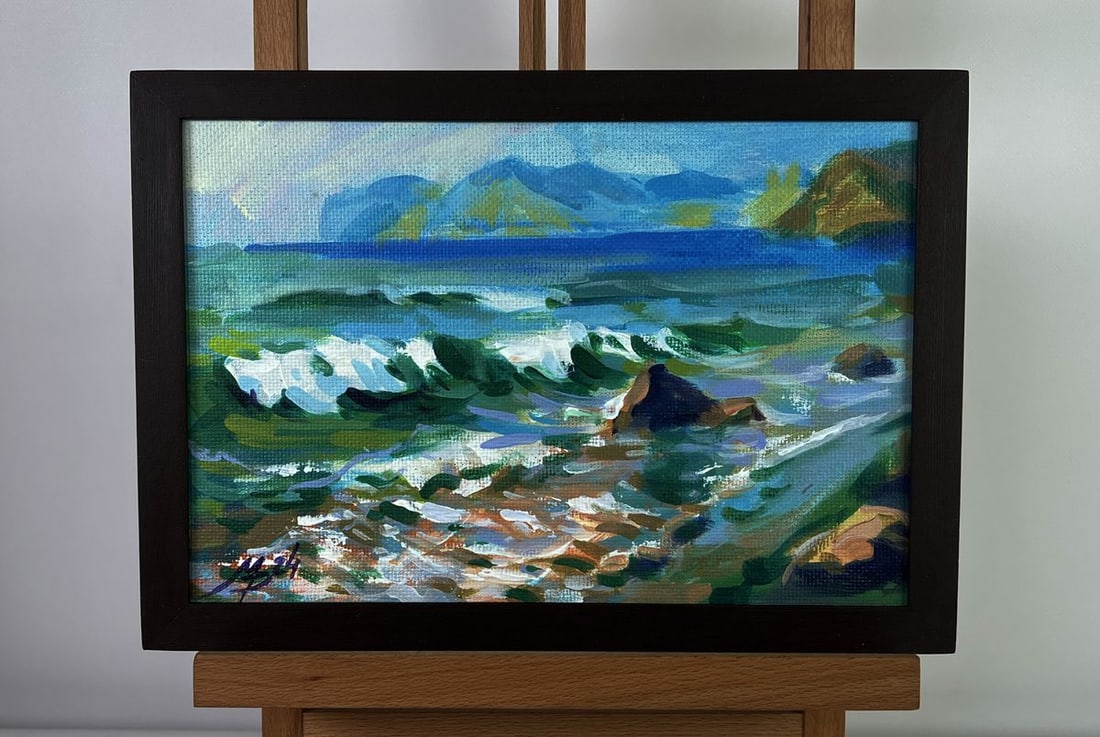 Acrylic painting Stormy waves Mykhailo Patskan: No. AAA4848The acrylic painting on cardboard titled "Stormy Waves" captures the raw and untamed energy of the sea as it crashes onto the shore. The composition is filled with motion, as turbulent wave