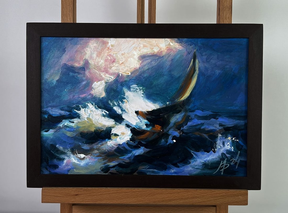 Acrylic painting Fighting the waves Mykhailo Patskan: No. AAA4849The acrylic painting on cardboard titled "Fighting the Waves" captures the raw and relentless struggle of a lone vessel against the power of the ocean. The composition is dynamic, filled wi