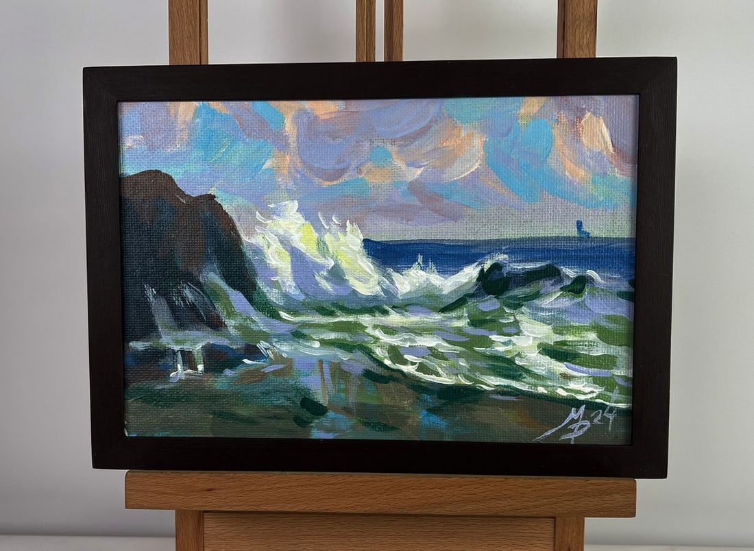 Acrylic painting Foamy surf and cold rocks Mykhailo Patskan: No. AAA4852The acrylic painting on cardboard titled "Foamy Surf and Cold Rocks" captures the untamed beauty of the ocean as it crashes against the rugged coastline. The composition evokes a sense of m