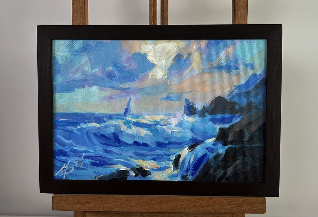 Acrylic painting Great water element Mykhailo Patskan: No. AAA4854The acrylic painting on cardboard titled "Great Water Element" captures the raw and untamed power of the sea, depicting its ceaseless motion and majestic presence. The artwork immerses the 