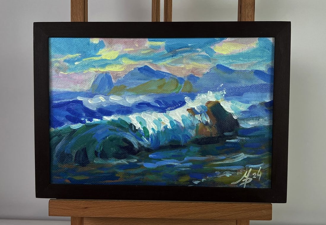 Acrylic painting Sea wavy breeze Mykhailo Patskan: No. AAA4856The acrylic painting on cardboard titled "Sea Wavy Breeze" captures the raw beauty and movement of the ocean in an expressive and vibrant manner. The scene is filled with energy as waves cr