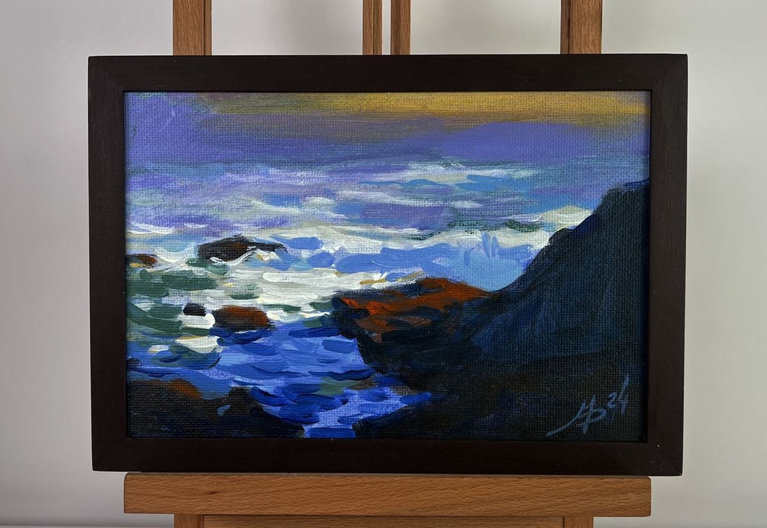 Acrylic painting The fusion of sunset and sea Mykhailo Patskan: No. AAA4859The acrylic painting on cardboard titled "The Fusion of Sunset and Sea" captures the breathtaking moment when the warm glow of the setting sun meets the restless waves of the ocean. The art