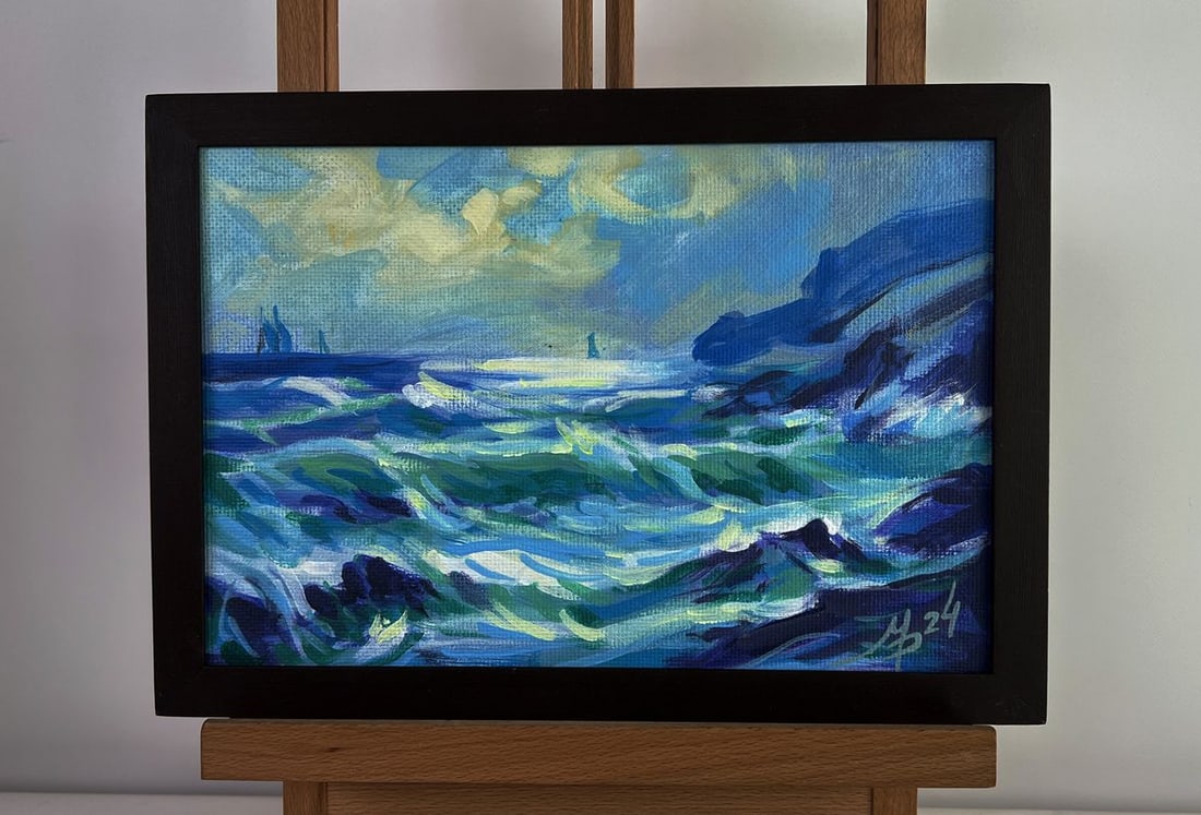 Acrylic painting A sea storm is beginning Mykhailo Patskan: No. AAA4863The acrylic painting on cardboard titled "A Sea Storm Is Beginning" captures the raw energy of nature as the tranquil waters are overtaken by the rising tempest. The composition skillfully 