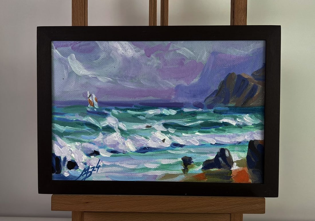 Acrylic painting Sailboat near the shore Mykhailo Patskan: No. AAA4866The acrylic painting on cardboard titled "Sailboat Near the Shore" beautifully captures the restless energy of the sea as waves crash against the rugged coastline. Through expressive brushs