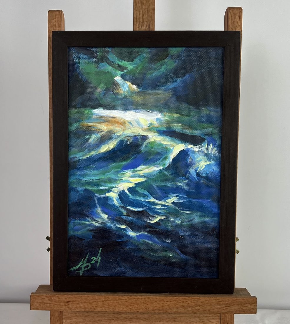 Acrylic painting Light in the darkness Mykhailo Patskan: No. AAA4868The acrylic painting on cardboard titled "Light in the Darkness" is a mesmerizing depiction of the ocean’s relentless motion, infused with a sense of mystery and depth. Using acrylic on