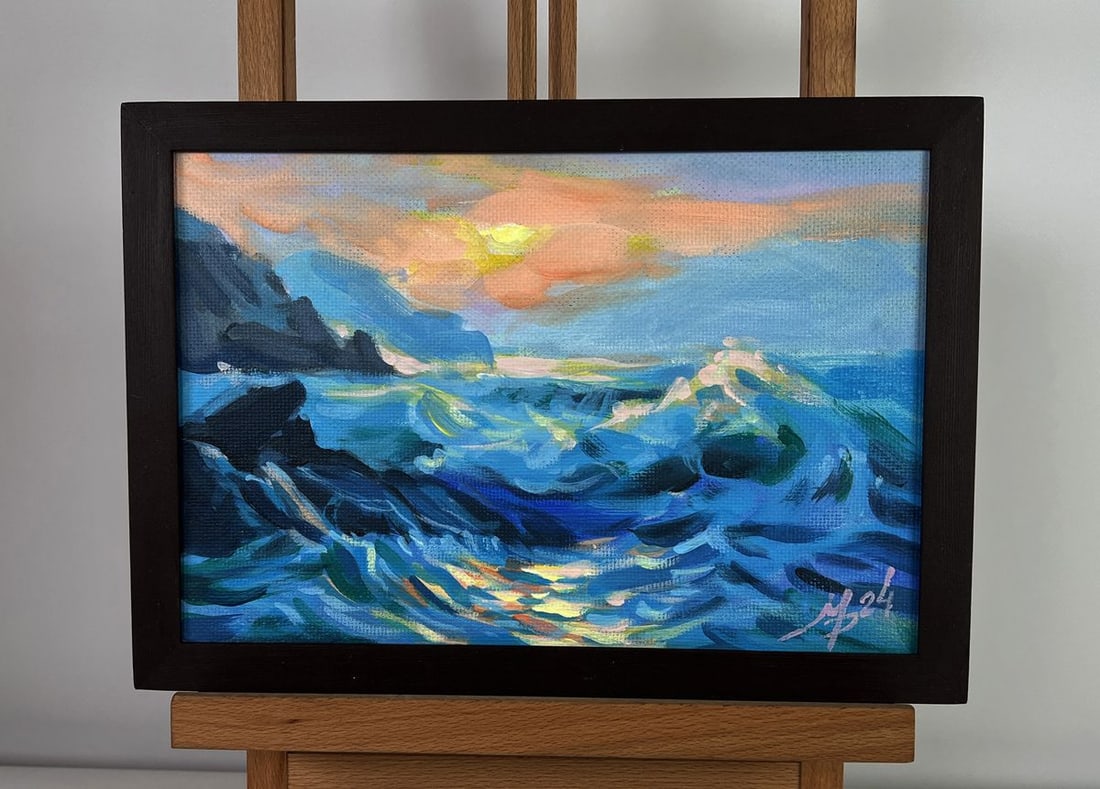 Acrylic painting Gentle waves at sunset Mykhailo Patskan: No. AAA4874The acrylic painting on cardboard titled "Gentle Waves at Sunset" captures a fleeting and poetic moment when nature’s elements—sea, sky, and light—converge in a harmonious symphony of