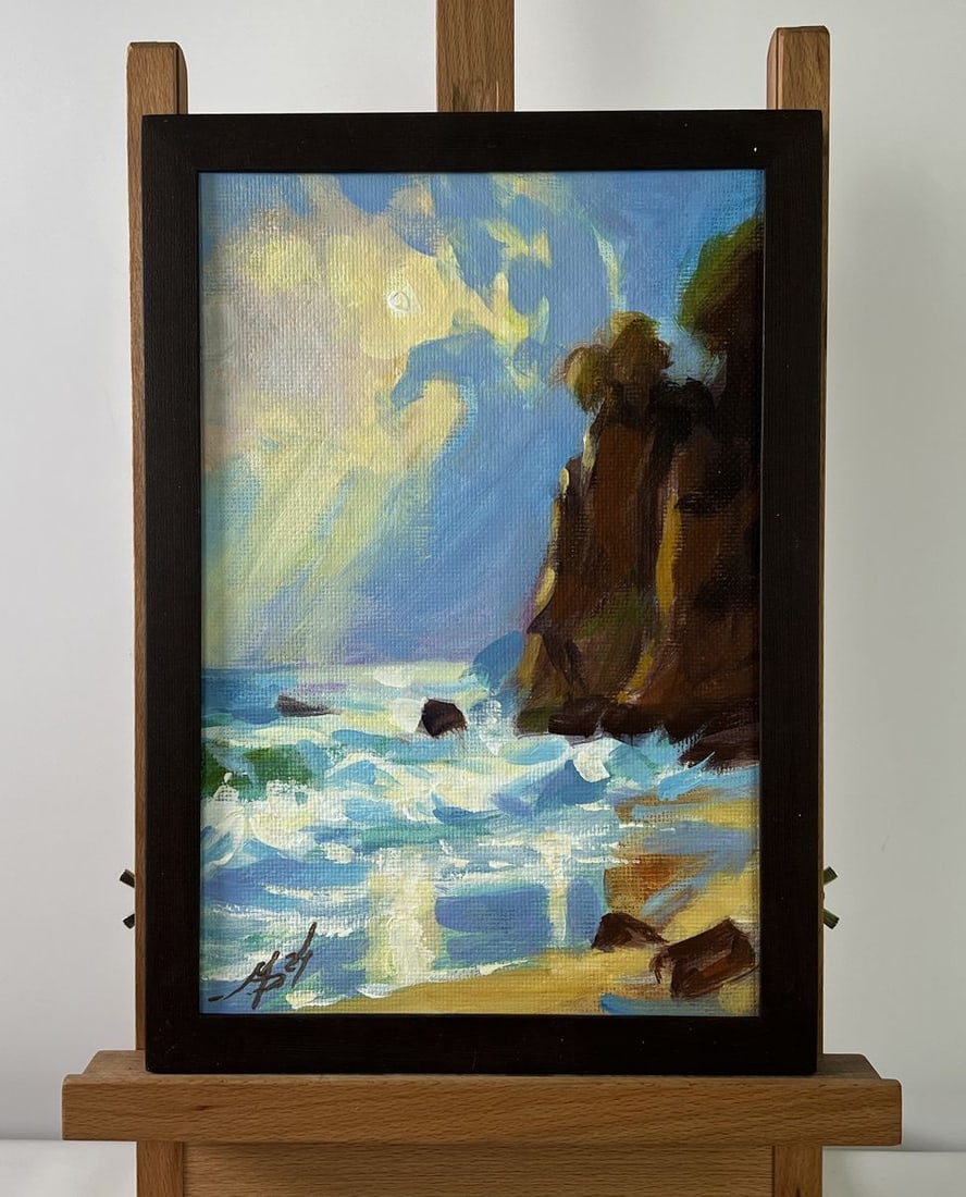 Acrylic painting Summer seashore Mykhailo Patskan: No. AAA4877The acrylic painting on cardboard titled "Summer Seashore" captures a radiant and tranquil moment along the coast, enveloped in the golden light of a summer day. This vibrant composition im
