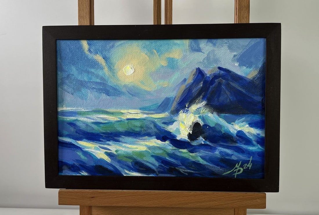 Acrylic painting Raging waves at sunset Mykhailo Patskan: No. AAA4881The acrylic painting on cardboard titled "Raging Waves at Sunset" captures a breathtaking seascape where the wild force of nature collides with the tender fading light of day. Bold, express