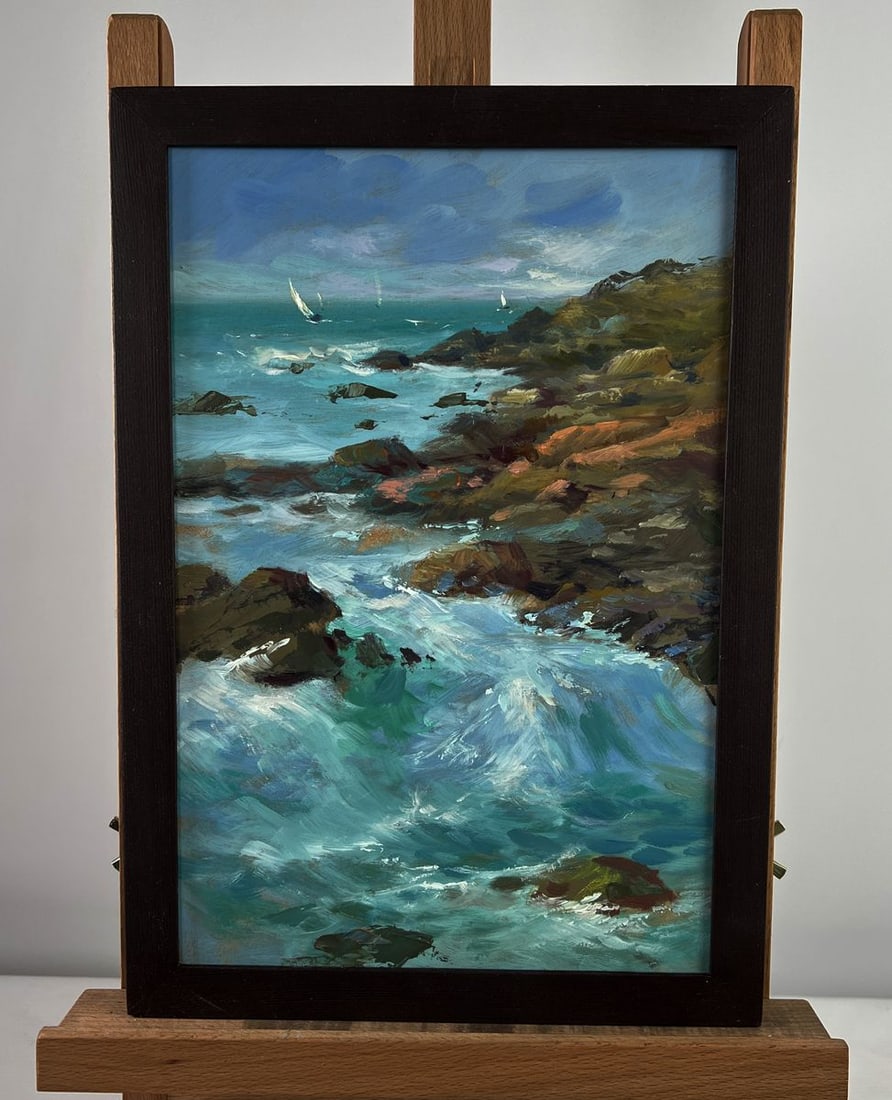 Oil painting Sailboats in the distance sea Yuriy Suprunchuk: No. AAA4961The oil painting on cardboard titled "Sailboats in the Distance Sea" is a vivid tribute to the eternal dance between land, sea, and sky. Through dynamic brushwork, rich color, and a finely 