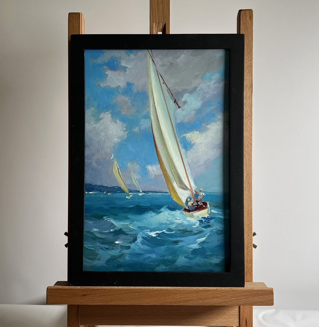 Oil painting Sailing holidays at sea Yuriy Suprunchuk: No. AAA4137The oil painting on cardboard, titled "Sailing Holidays at Sea", captures the exhilaration and freedom of navigating the open waters. The artist employs a vibrant palette of blues, whites, 
