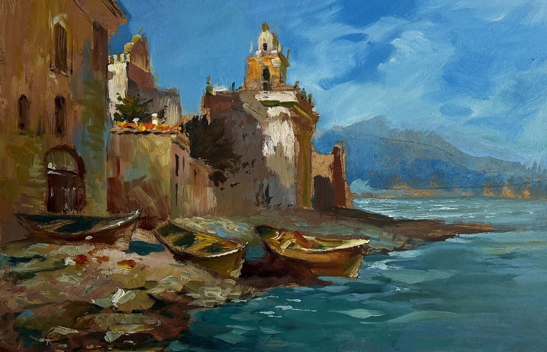 Oil painting City boats by the sea Yuriy Suprunchuk - 3