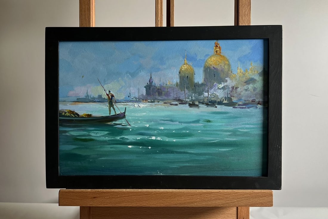 Oil painting Holidays in Venice Yuriy Suprunchuk: No. AAA4139The oil painting on cardboard, titled "Holidays in Venice", presents a breathtaking scene of maritime life set against the grandeur of a historic city. The artist masterfully captures the m