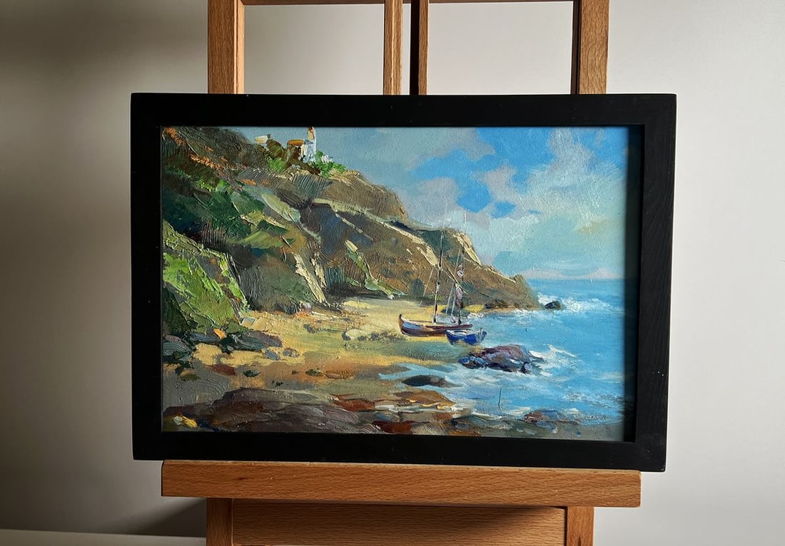 Oil painting Sunny day at sea Yuriy Suprunchuk: No. AAA4144The oil painting on cardboard, titled "Sunny Day at Sea", captures a serene coastal scene where land, water, and sky merge into a harmonious composition. The artist skillfully conveys the w