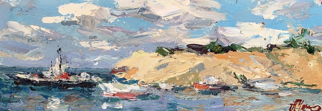 Oil painting Near the cape Alexander Cherednichenko: No. AAA3279The painting "Near the Cape" is an exquisite oil on canvas piece that beautifully captures a coastal scene with a sense of movement and vibrancy. The artist uses a combination of colors,