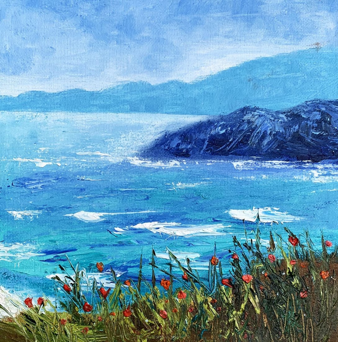 Oil painting Calm sea Tatyana Derdey: No. AAA3300"Calm Sea" is a serene and soothing Oil painting that captures the tranquil beauty of a peaceful seaside landscape. The artist has skillfully utilized a range of blue hues to depict the cal
