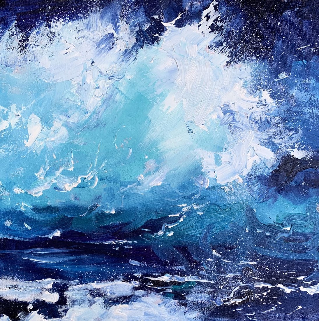 Oil painting Sea wavy breeze Tatyana Derdey: No. AAA3302"Sea Wavy Breeze" is an evocative Oil painting that masterfully captures the dynamic energy and serene beauty of the ocean. The artist employs a rich palette of blues and whites, creating a