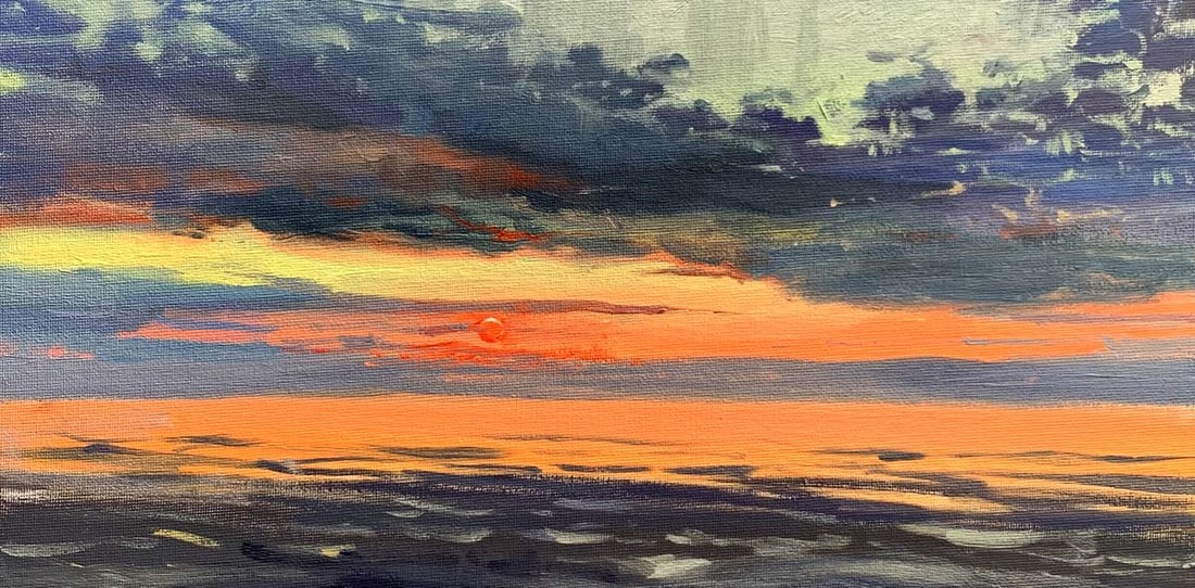 Oil painting Sunset at sea Tatyana Derdey: No. AAA3316"Sunset at Sea" is an evocative Oil painting that captures the tranquil yet dynamic beauty of a sunset over the ocean. This artwork uses a vivid and contrasting color palette to convey the 