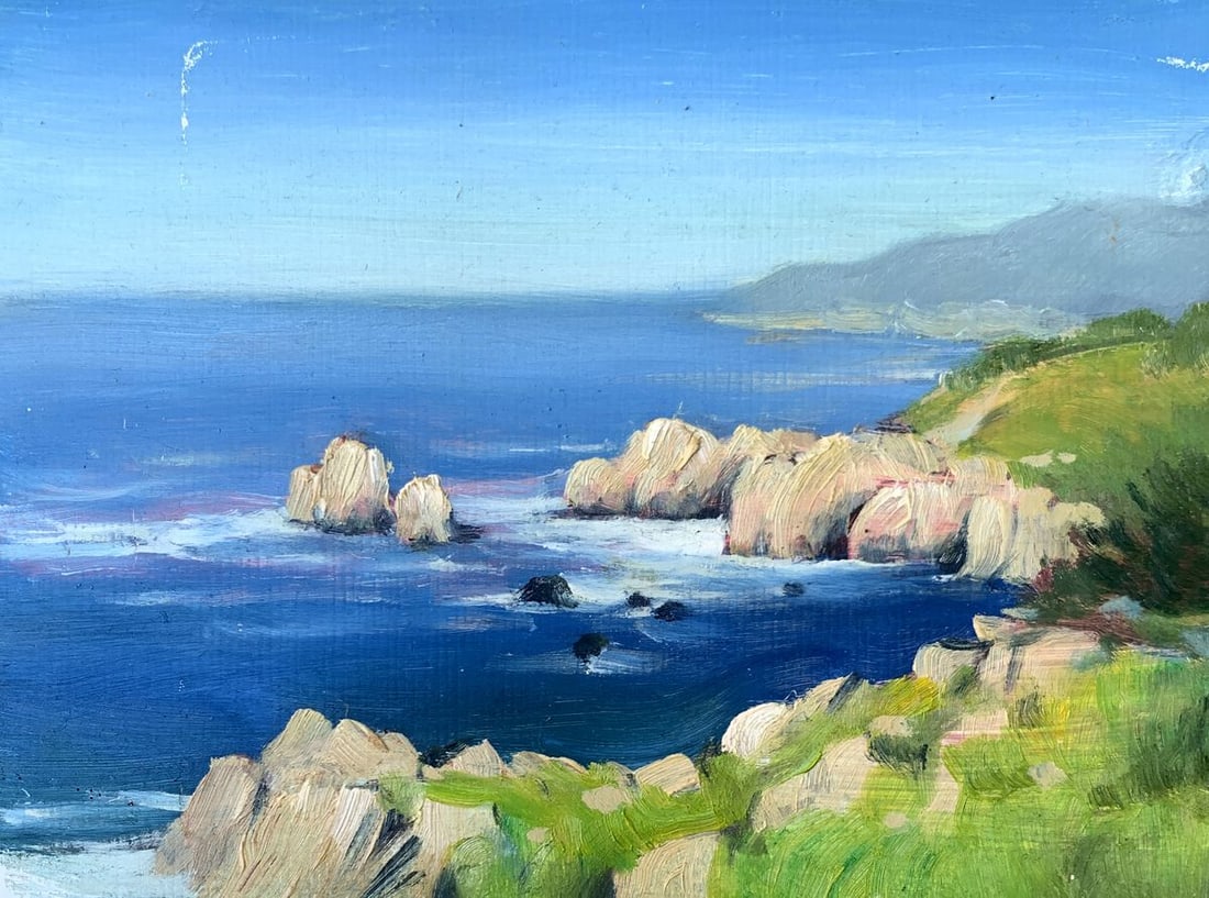 Oil painting Clear day at the coast Mykhailo Burdylo: No. AAA3423The painting titled "Clear Day at the Coast" beautifully captures the vibrant and tranquil essence of a coastal landscape bathed in sunlight. The scene unfolds with a sweeping view of the o