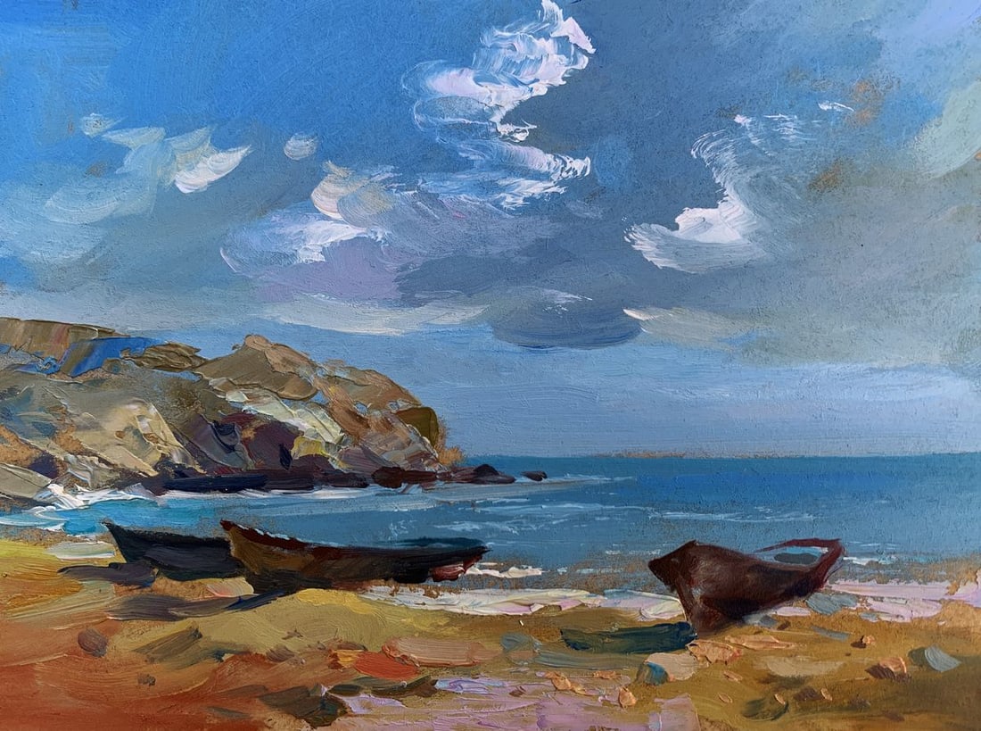 Oil painting Island in the sea Yuriy Suprunchuk: No. AAA3635The painting "Island in the Sea" depicts a peaceful coastal scene that beautifully captures the raw beauty of nature and the timeless relationship between land and water. Executed in oil on