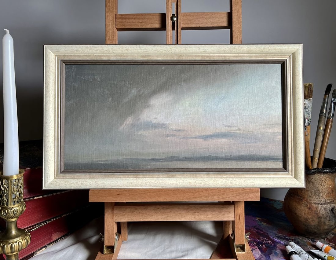 Oil painting A storm is coming Tatyana Derdey: No. AAA3671"A Storm Is Coming" is a striking Oil painting on canvas that captures the quiet yet ominous approach of a storm over a vast landscape. The artist skillfully uses a muted color palette of