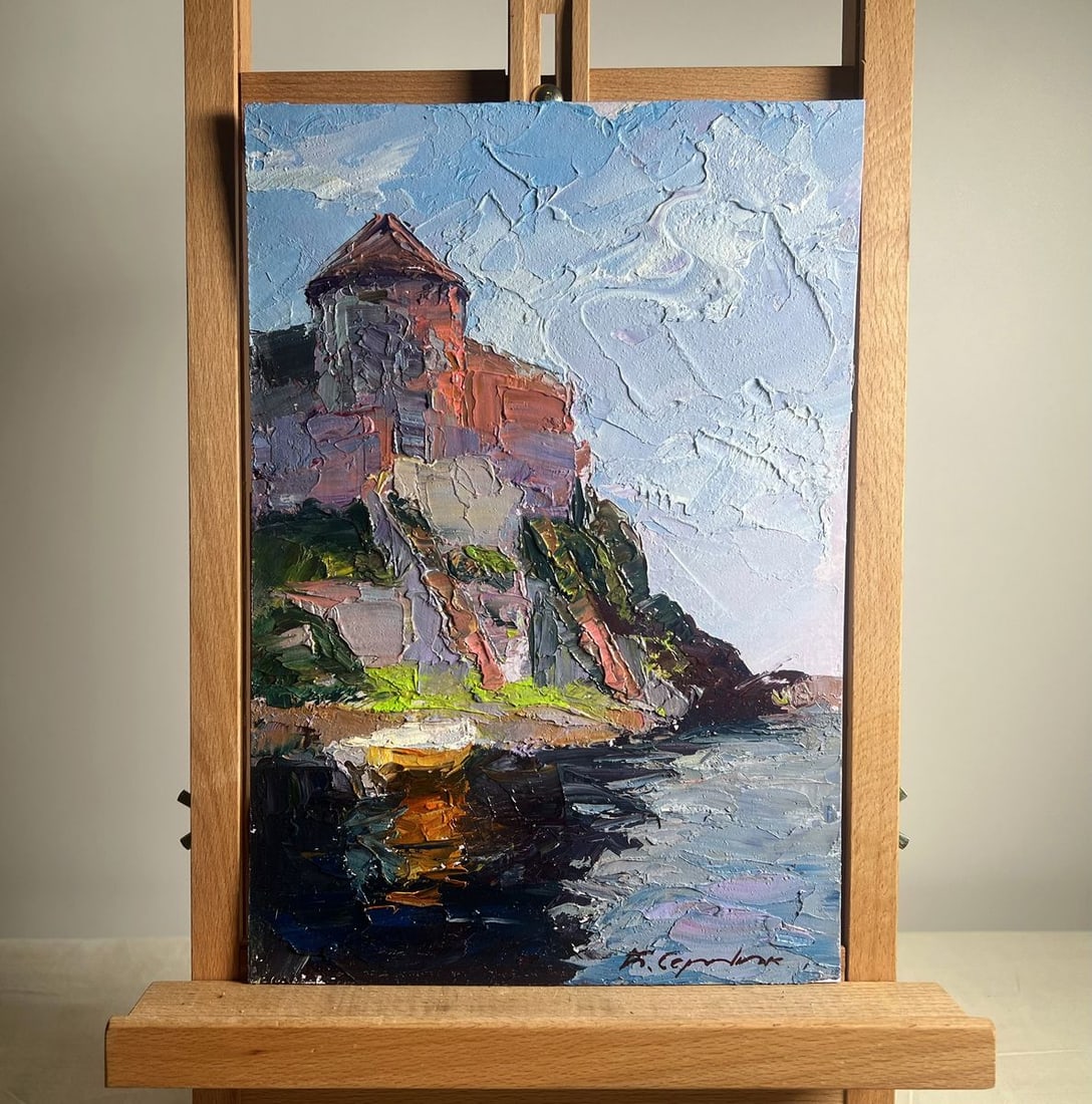 Oil painting Fortress by the sea Boris Serdyuk: No. AAA3714The painting "Fortress by the Sea" portrays a majestic stronghold standing resiliently atop a rugged cliff, overlooking the shimmering waters below. The artist uses thick, expressive