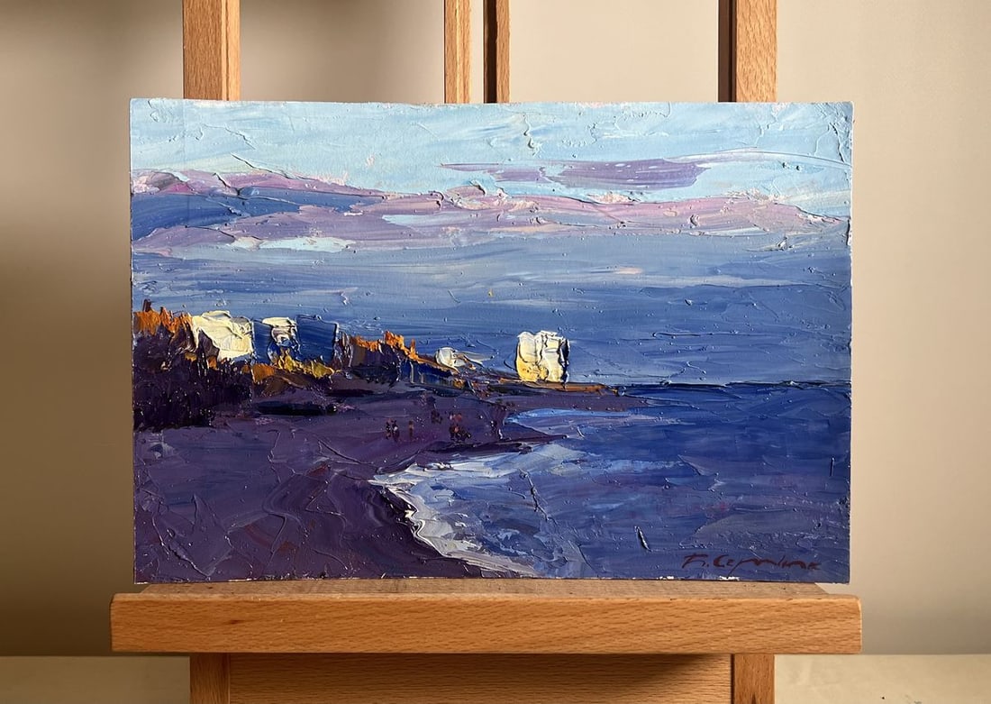 Oil painting On the sea coast Boris Serdyuk: No. AAA3786This oil painting cardboard, titled "On the sea coast", this captivating Oil painting on cardboard masterfully captures the tranquil yet dynamic atmosphere of a coastal landscape at dusk. T