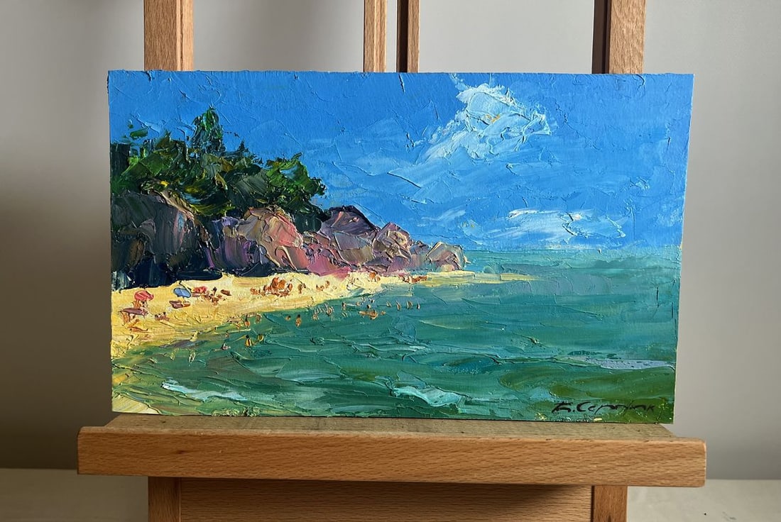 Oil painting Holidays at sea Boris Serdyuk: No. AAA3788This oil painting cardboard, titled "Holidays at sea", the composition is well-balanced, guiding the viewer’s eye from the foreground, where the turquoise sea meets the golden beach, towa