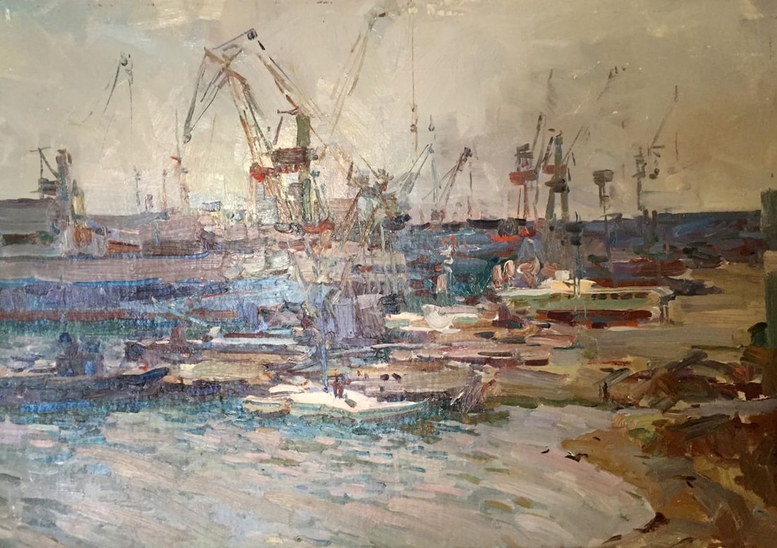Oil painting Port Victor Nikolayevich Volkov: No. GS 43 *** ABOUT THIS PAINTING *** * TITLE: "Port" * ARTISTS: Victor Nikolayevich Volkov * SIZE: 50x70cm/'19,68x27,55 inches' * MEDIUM: oil, cardboard * HAND PAINTED: Original painting from our col