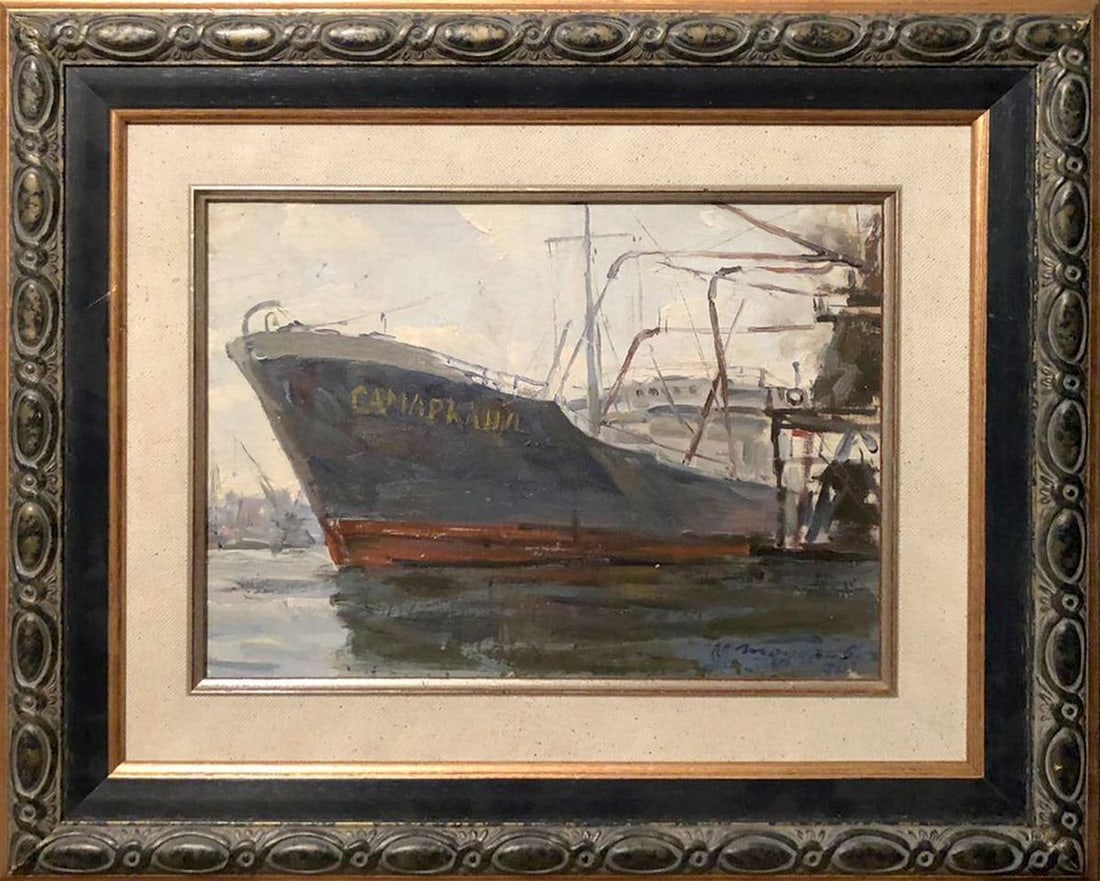 Oil painting By the port Todorov Mikhail Dmitrievich: No. GS 313 *** ABOUT THIS PAINTING *** * TITLE: "By the port" * ARTISTS: Todorov Mikhail Dmitrievich * SIZE: 24x32 cm/'9.44x12.59 inches' * MEDIUM: oil, cardboard * HAND PAINTED: Original painting