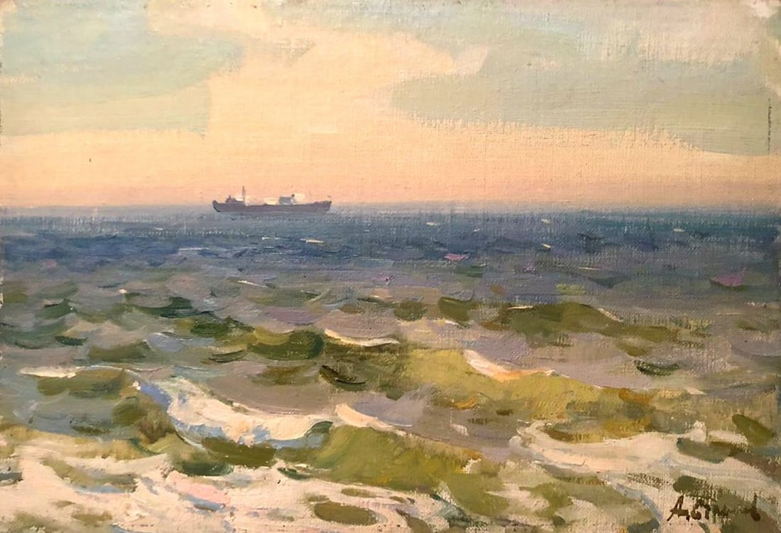 Oil painting Spring sea Strelov Arkady Efimovich: No. GS 314A *** ABOUT THIS PAINTING *** * TITLE: "Spring sea" * ARTISTS: Strelov Arkady Efimovich * SIZE: 35x50 cm/'13.77x19.68 inches' * MEDIUM: oil, canvas on cardboard * HAND PAINTED: Original pain