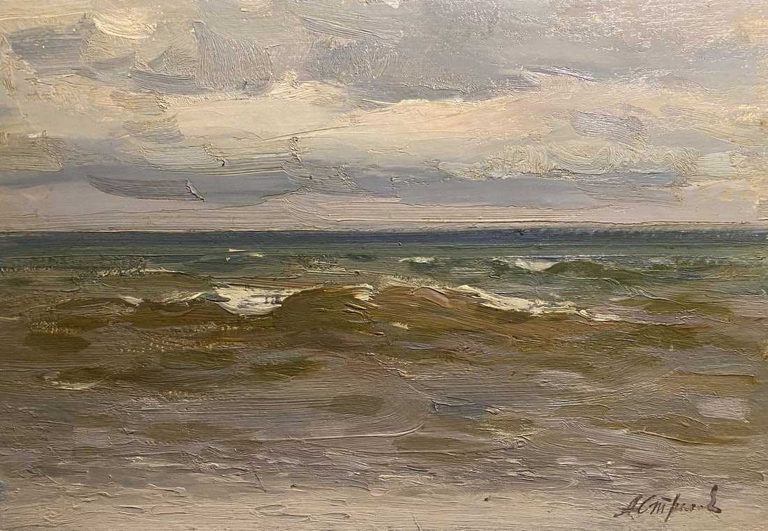 Oil painting Sea in December Arkady Strelov: No. GS 401*** ABOUT THIS PAINTING **** TITLE: "Sea in December"* ARTISTS: Arkady Strelov* SIZE: 34.5x49 cm/'13.58x19.29 inches'* MEDIUM: oil, cardboard* HAND PAINTED: Original painting from our collec
