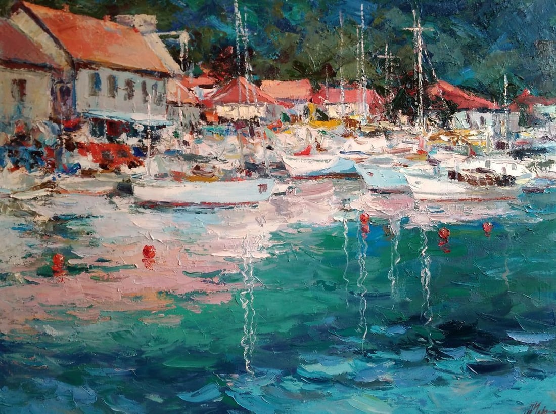 Oil painting Yacht Club Alexander Nikolaevich Cherednichenko: No. Cher 8 *** ABOUT THIS PAINTING *** * TITLE: "Yacht Club" * ARTISTS: Alexander Nikolaevich Cherednichenko * SIZE: 75x100cm/'29.52x39.37 inches' * MEDIUM: oil, canvas * HAND PAINTED: Original painti