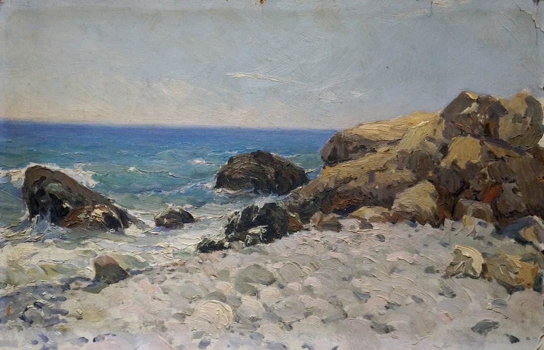 Oil painting Seascape Pyotr Kuzmich Stolyarenko: No. Verns 1035 *** ABOUT THIS PAINTING *** * TITLE: "Seascape" * ARTISTS: Pyotr Kuzmich Stolyarenko * SIZE: 36x54 cm/'14.17x21.25 inches' * MEDIUM: oil, cardboard * HAND PAINTED: Original painting fro