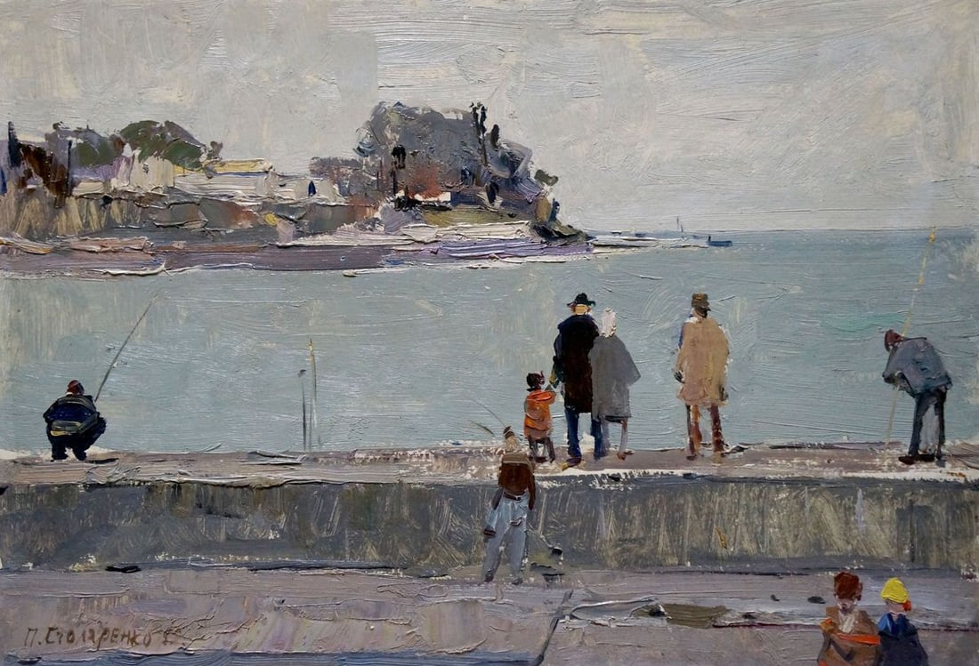 Oil painting On the embankment Pyotr Kuzmich Stolyarenko: No. Verns 1037 *** ABOUT THIS PAINTING *** * TITLE: "On the embankment" * ARTISTS: Pyotr Kuzmich Stolyarenko * SIZE: 35x50 cm/'13.77x19.68 inches' * MEDIUM: oil, cardboard * HAND PAINTED: Original