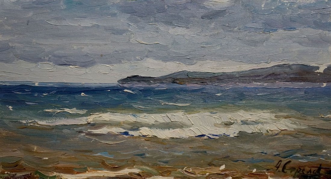Oil painting Seascape Strelov Arkady Efimovich: No. Verns 1075 *** ABOUT THIS PAINTING *** * TITLE: "Seascape" * ARTISTS: Strelov Arkady Efimovich * SIZE: 19x35 cm/'7.48x13.77 inches' * MEDIUM: oil, cardboard * HAND PAINTED: Original painting from 