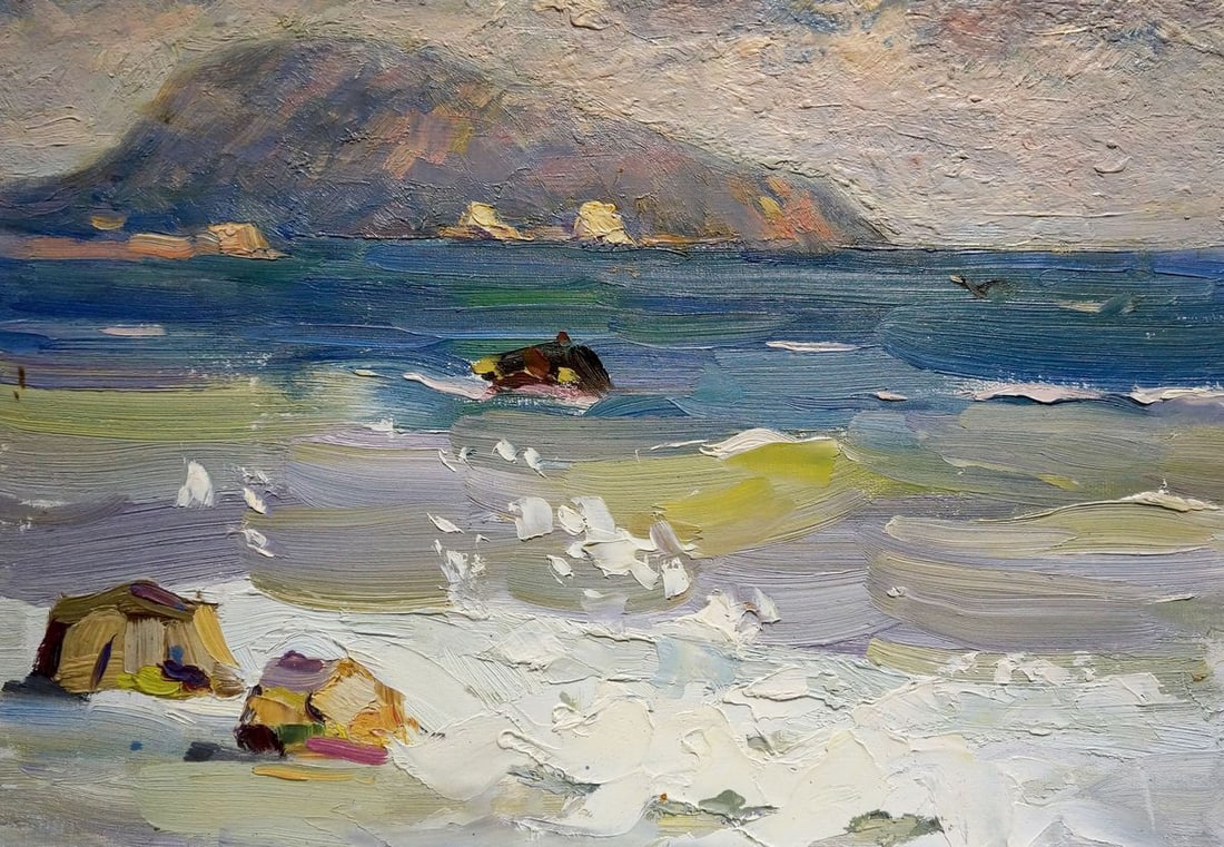 Oil painting Waves Strelov Arkady Efimovich: No. Verns 1076 *** ABOUT THIS PAINTING *** * TITLE: "Waves" * ARTISTS: Strelov Arkady Efimovich * SIZE: 24x35 cm/'9.44x13.77 inches' * MEDIUM: oil, cardboard * HAND PAINTED: Original painting from our
