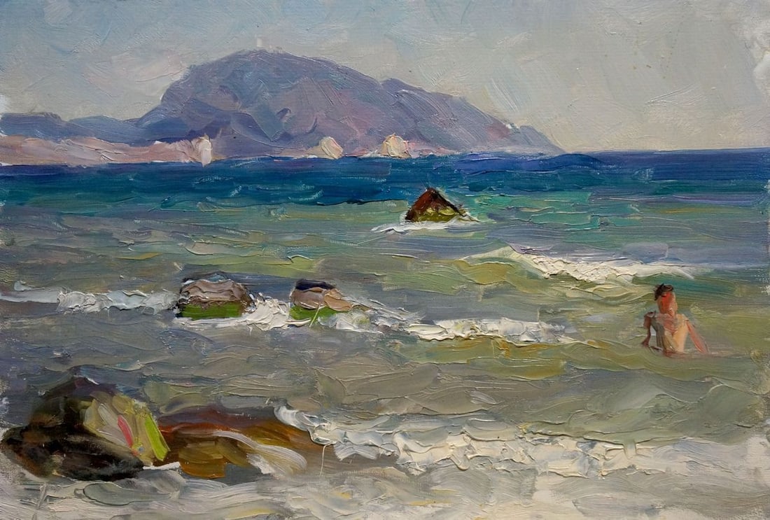 Oil painting Seascape Strelov Arkady Efimovich: No. Verns 1078 *** ABOUT THIS PAINTING *** * TITLE: "Seascape" * ARTISTS: Strelov Arkady Efimovich * SIZE: 25x35 cm/'9.84x13.77 inches' * MEDIUM: oil, cardboard * HAND PAINTED: Original painting from 