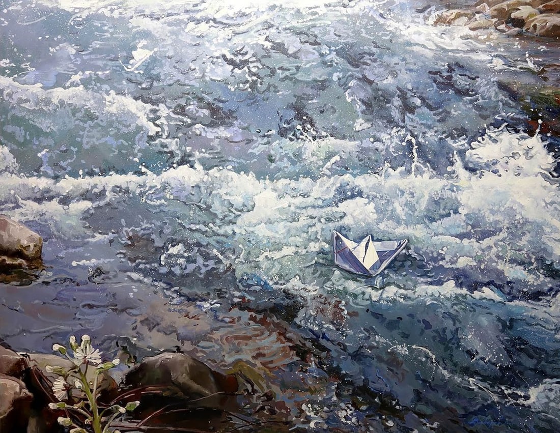 Oil painting Against the stream Varvarov Anatoly Viktorovich: No. Varv 41 *** ABOUT THIS PAINTING *** * TITLE: "Against the stream" * ARTISTS: Varvarov Anatoly Viktorovich * SIZE: 135x173 cm/'53.14x68.11 inches' * MEDIUM: oil, canvas * HAND PAINTED: Original pai