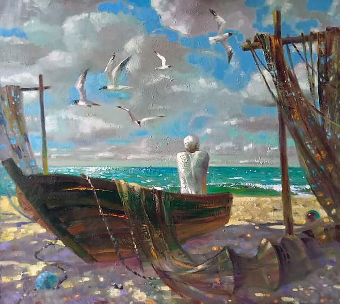 Oil painting Coast Anatoly Borisovich Tarabanov: No. Tar 313"Coast" is a captivating oil painting that transports the viewer to a tranquil coastal scene, where nature's beauty and the human connection with the sea harmoniously converge. The canvas i