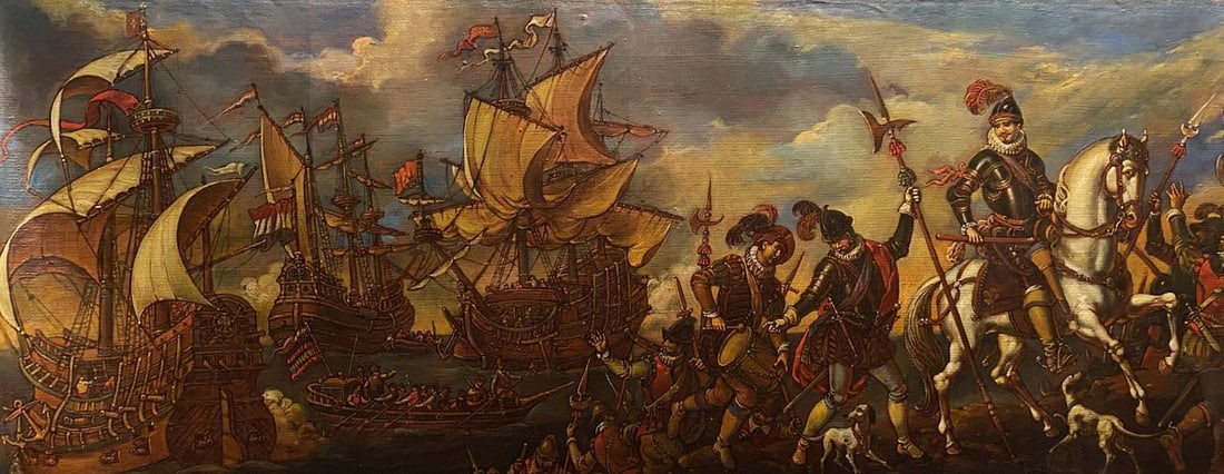 Oil painting The landing of the Spanish Litvinov Oleg Arkad'yevich: No. Litv 588 *** ABOUT THIS PAINTING *** * TITLE: "The landing of the Spanish" * ARTISTS: Litvinov Oleg Arkad'yevich * SIZE: 111x44.5 cm/'43.70x17.51 inches' * MEDIUM: oil, canvas * HAND PAINTED: Orig