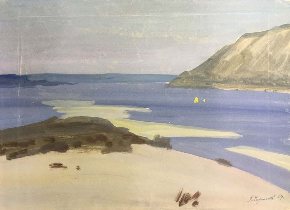 Gouache painting On the shore Chernikov Vladimir Mikhailovich: No. 919 *** ABOUT THIS PAINTING *** * TITLE: "On the shore" * ARTISTS: Chernikov Vladimir Mikhailovich * SIZE: 43x58 cm/'16.92x22.83 inches' * MEDIUM: gouache, paper * HAND PAINTED: Original painting