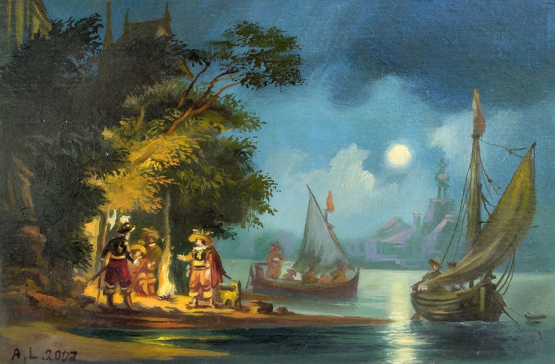 Oil painting Moonlight night Alexander Arkadievich Litvinov: No. 1175 *** ABOUT THIS PAINTING *** * TITLE: "Moonlight night" * ARTISTS: Alexander Arkadievich Litvinov * SIZE: 28x19.5 cm/'11.02x7.67 inches' * MEDIUM: oil, cardboard * HAND PAINTED: Original paint