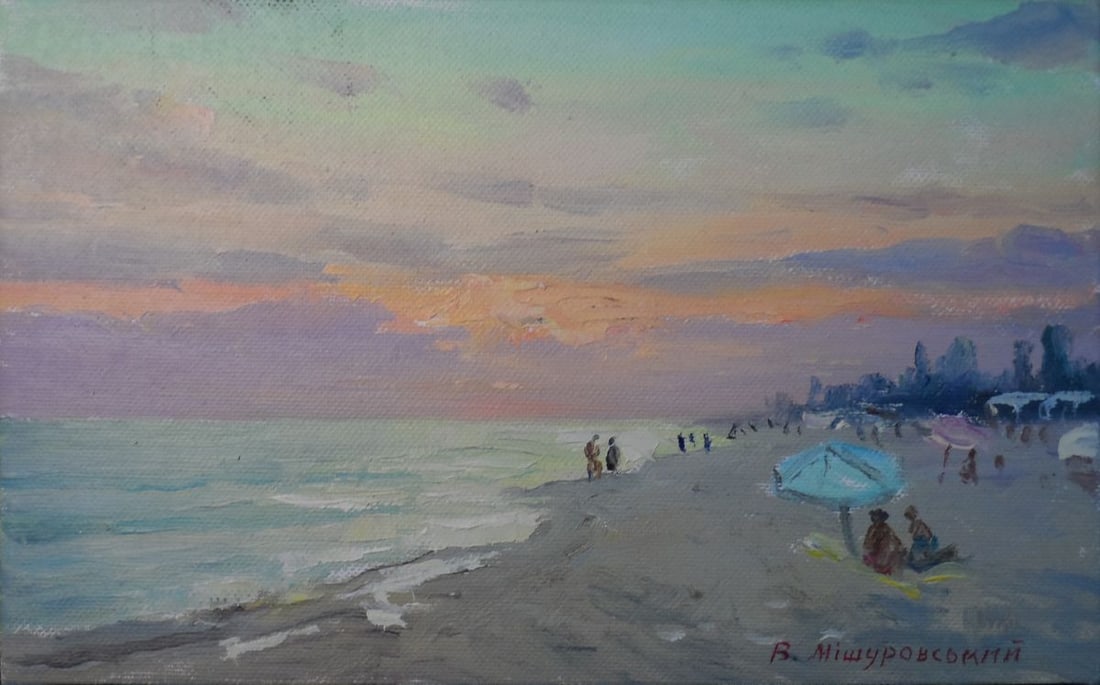 Oil painting Evening beach Mishurovsky V. V.: No. 64 *** ABOUT THIS PAINTING *** * TITLE: "Evening beach" * ARTISTS: Mishurovsky V. V. * SIZE: 15x24,5 cm/ 5,90x9,64 inches * MEDIUM: Oil, canvas * HAND PAINTED: Original painting from our collectio